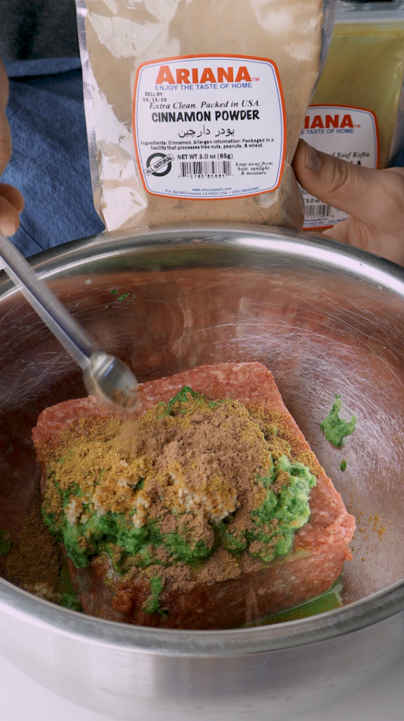 Add minced garlic, an egg, cinnamon, salt, and Ariana Sweet’s Kofta Beef Masala seasoning, and thoroughly mix together. 

Without this seasoning, add a mix of coriander, cumin, and black pepper.